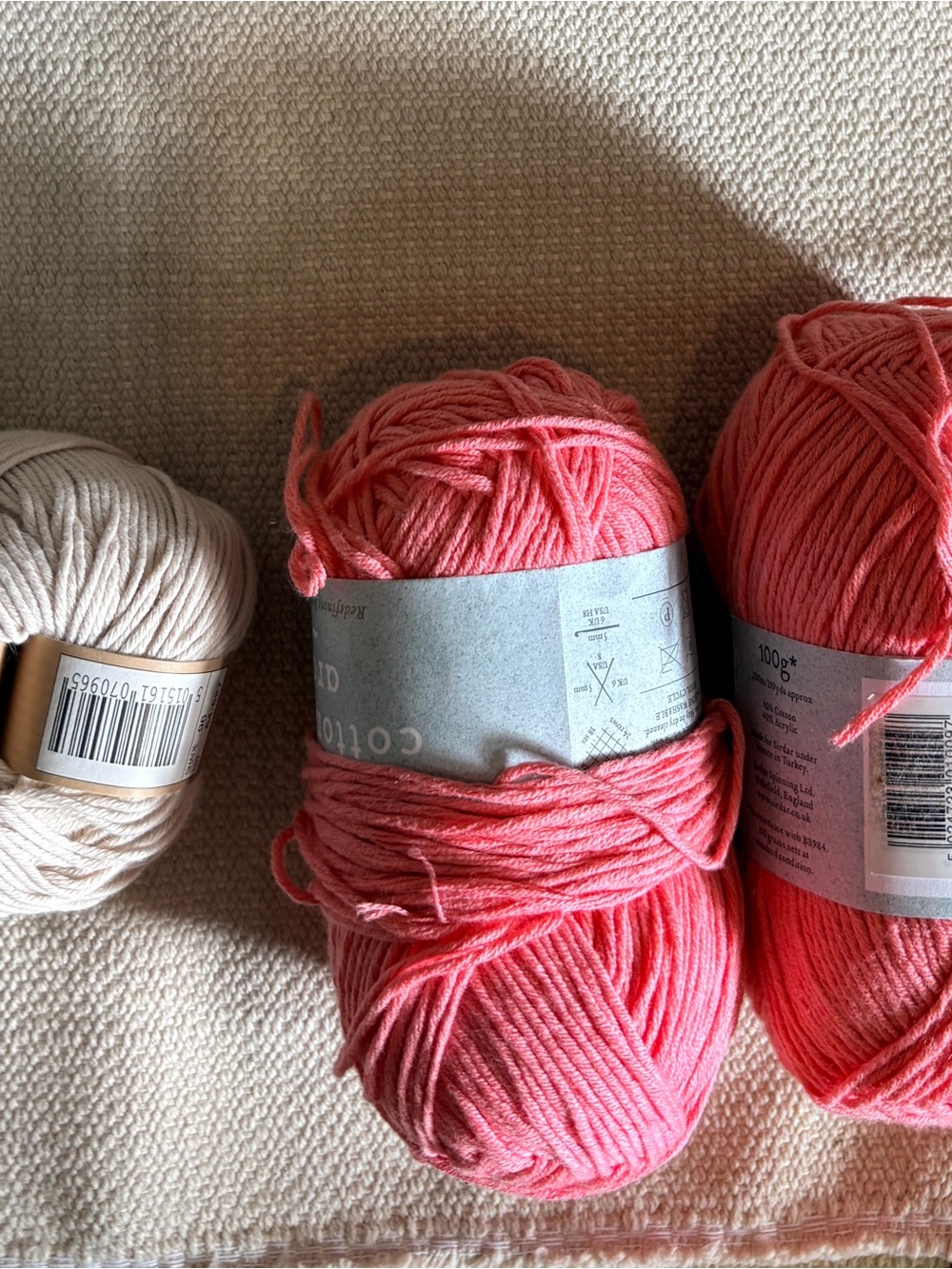 Lot of 3: 1 sublime (discontinued) Soft Cotton Yarn and 2 Sirdar Aran in Coral